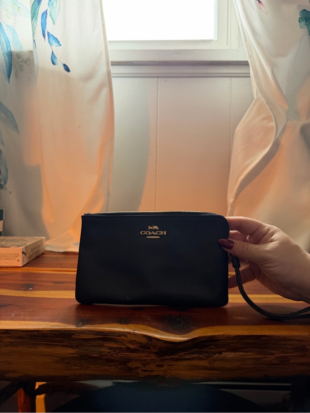 Coach Black Zip Leather Wristlet with Gold Logo